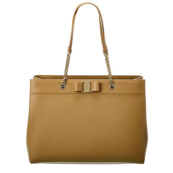 Ferragamo Vara Bow Double Handle Leather Tote Brown